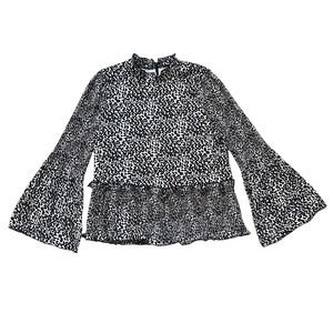 🖤 THML Women's Black Ivory Abstract Peplum Blouse Bell Sleeves Mock Neck XS